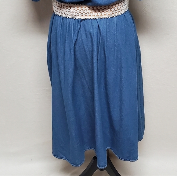 Vintage 90s KDK Light Wash Blue Chambray Lace Belted Side Pocket Midi Dress 14 - Picture 13 of 16